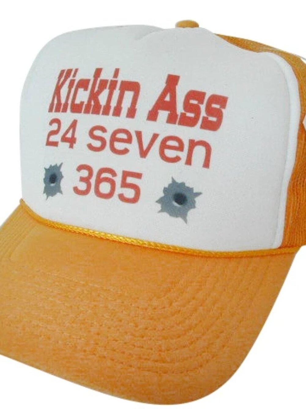 Retro Vintage Style Kickin Ass 24/7 Trucker Hat - Printed in USA - Yellow/White